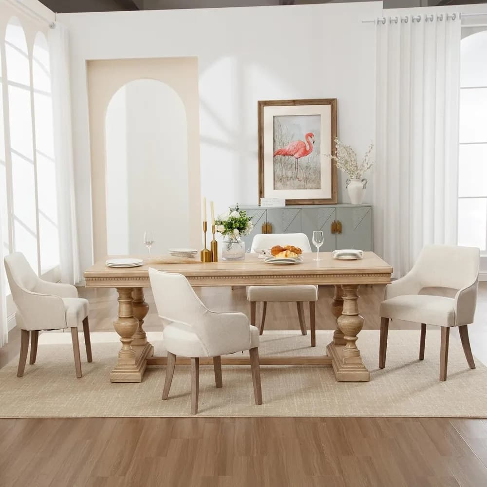 Sedie da pranzo in tessuto di lino Set di 4 sedie laterali imbottite Sedie in stile fattoria con schienale aperto Gambe in legno per sala da pranzo Gu