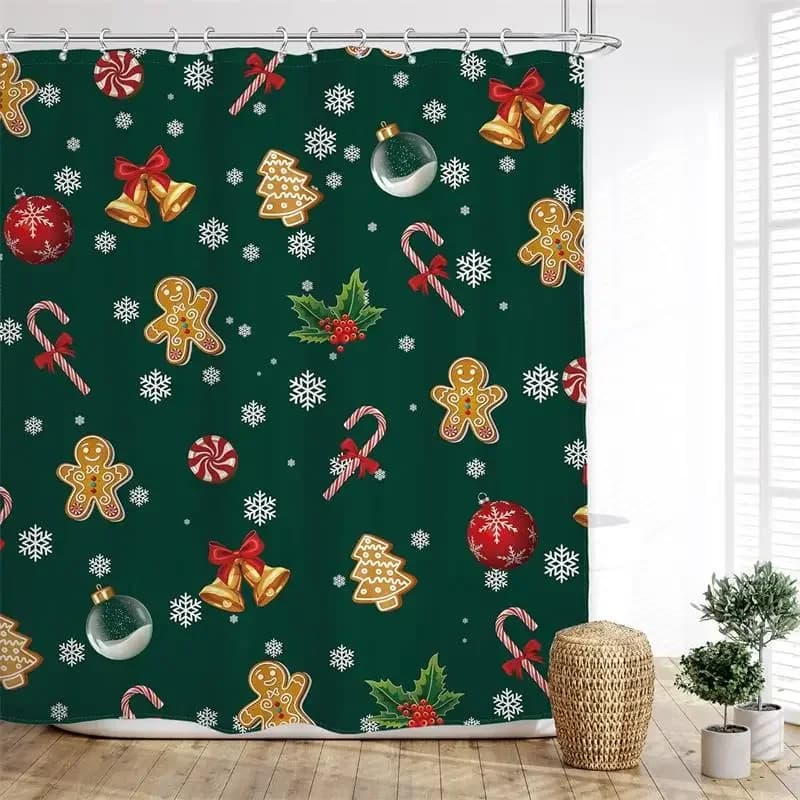 Simpatico omino di pan di zenzero Tende da doccia natalizie Campane di fiocchi di neve Albero di Natale Bacche rosse Decorazione per tende da bagno di Capodanno con ganci