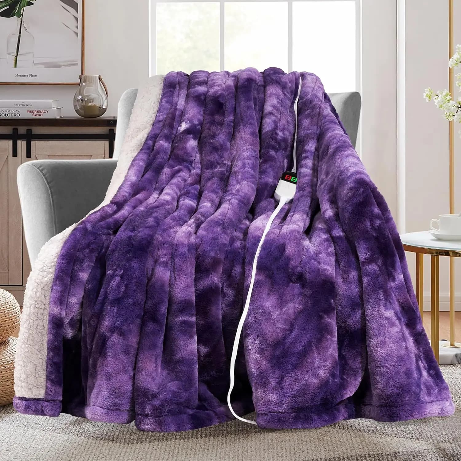 Coperta Elettrica Riscaldata con 8 Livelli di Calore, Spegnimento Automatico e Protezione dal Surriscaldamento, Riscaldamento Rapido, Lavabile, in Pelliccia Sherpa