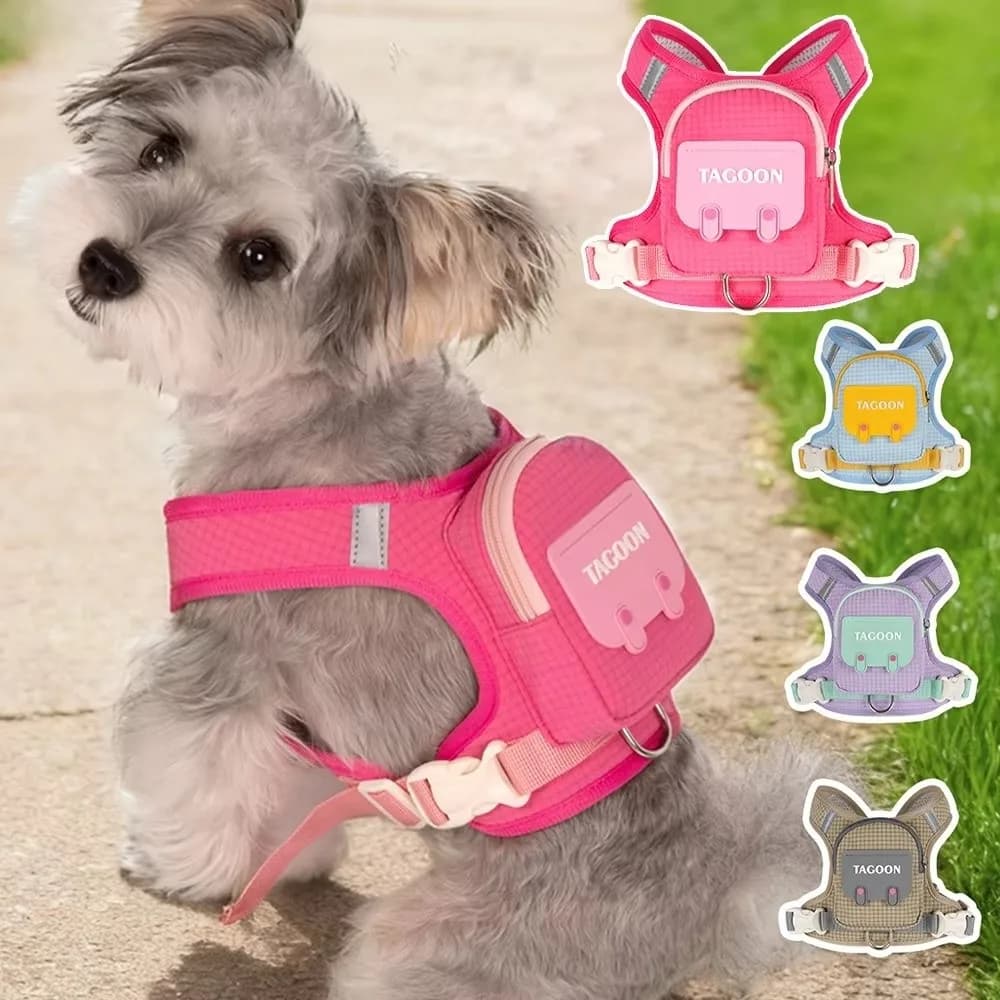 Adjustable Dog Backpack Harness Plaid Breathable Outdoor Self-Carrying Bag with Reflective Strip Pet Walking Harness