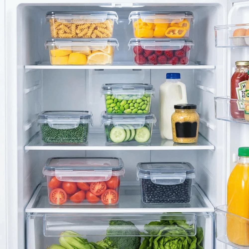 Set di 12 Contenitori in Plastica per Frigorifero, Impilabili, Trasparenti, Contenitori per Conservazione in Cucina, Inodore, Scatole Quadrate per Congelatore