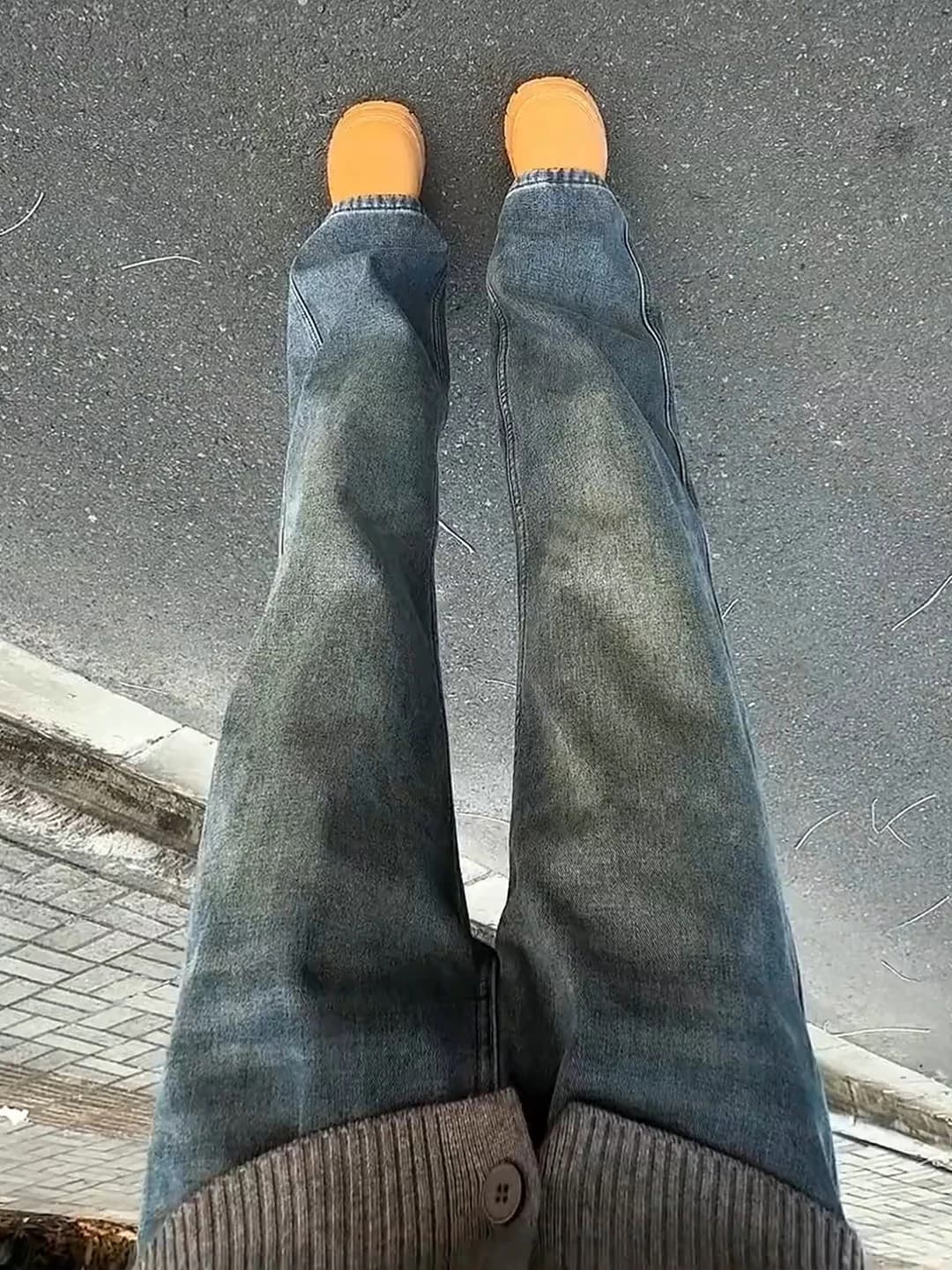 Retro Blue Fce Lined Straight Leg Men's Jeans Winter American Vibe Rise Trousers Slim Fit Micro Flare Knife Pants