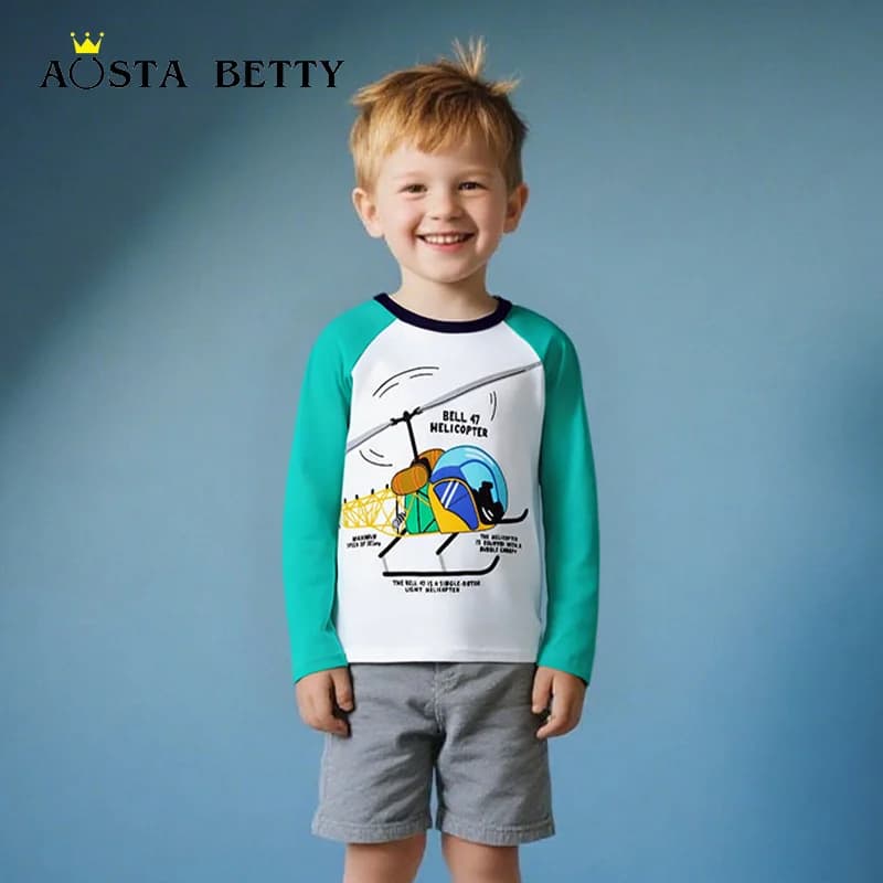 T-shirt a maniche lunghe da ragazzo di moda europea e americana autunno nuovo colore abbinato pullover a maniche lunghe cartone animato stampato rotondo nec