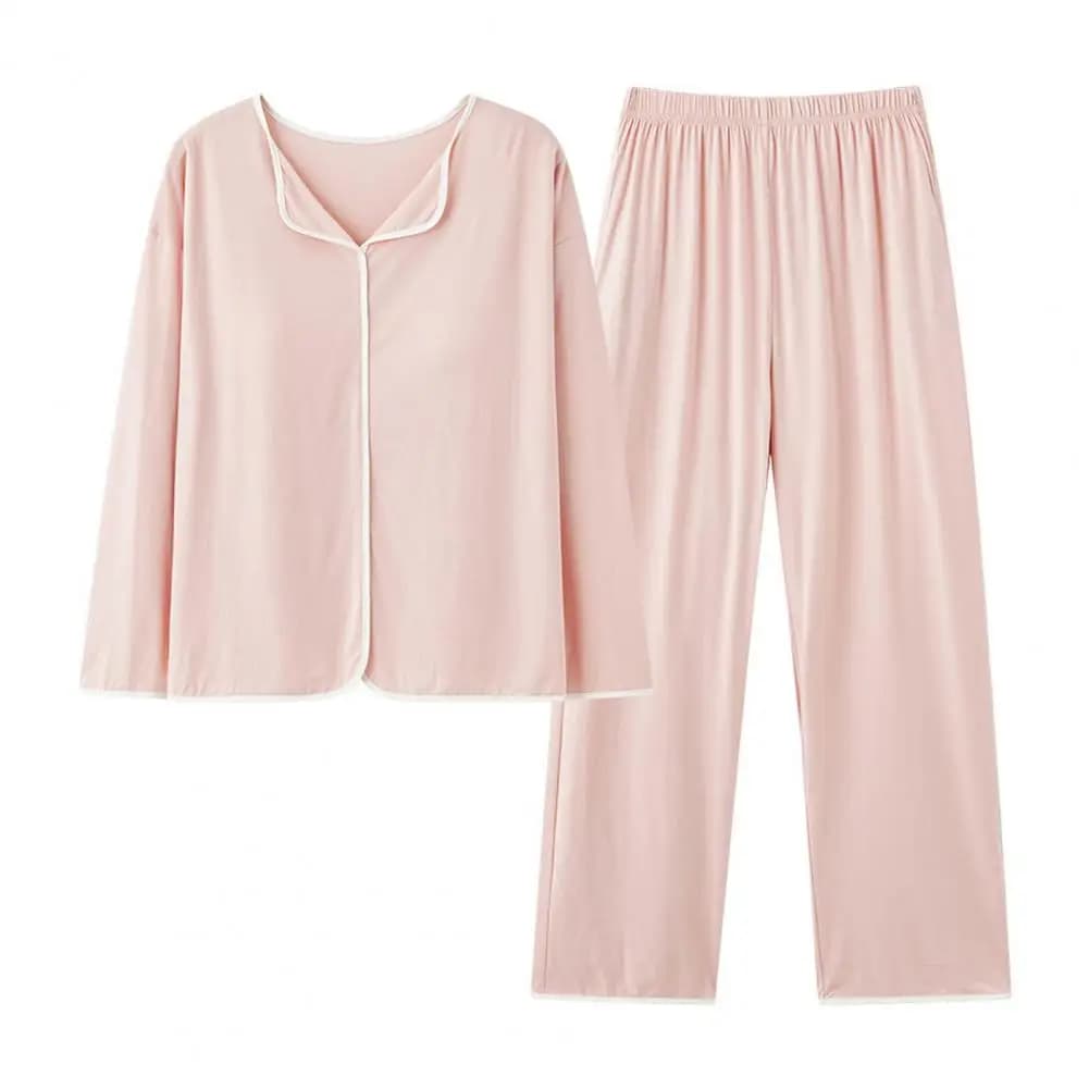 2026 2 Pcs/Set Women Pajamas Suit with Chest Pads Long Sleeves Loose Solid Color Top Elastic Waist Wide Leg Sleepwear Spring Fal