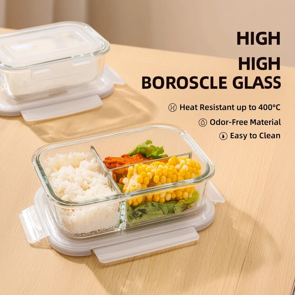 Contenitore Portatile in Vetro Bianco per Preparazione Pasti, Adatto per Forno/Microonde, Materiale in Borosilicato, Rimuovere il Coperchio Durante il Riscaldamento, Impilabile
