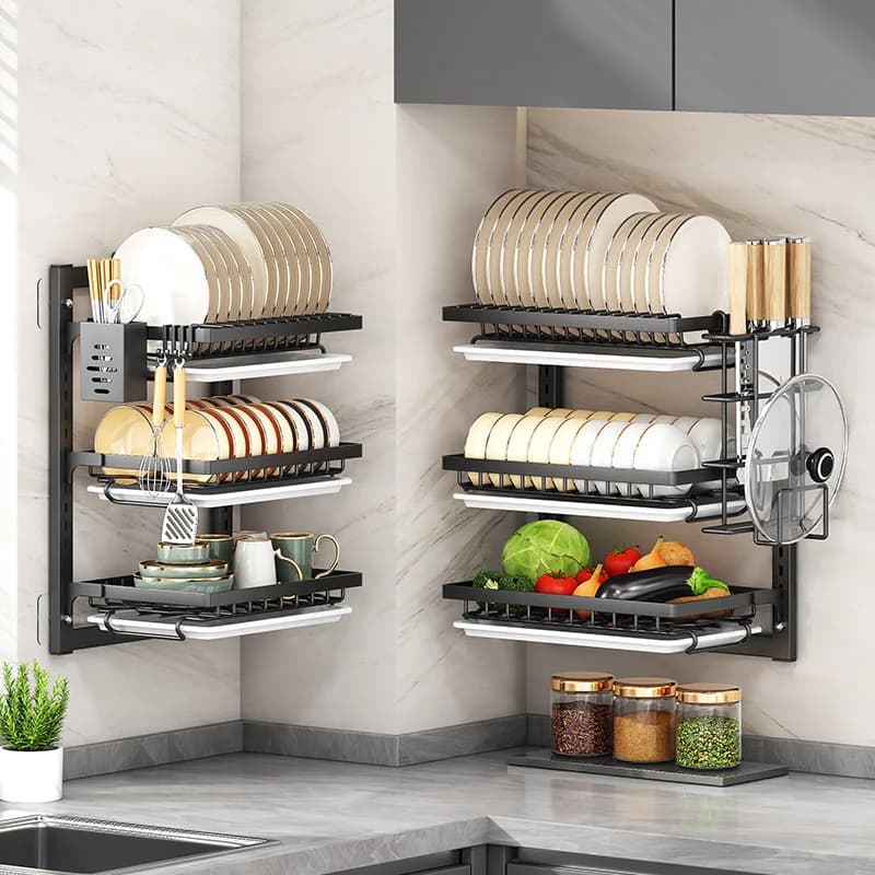 No-Drill Wall Mounted Kitchen Shelf - Storage Organizer Rack for Bowls, Plates and Spices with Drying Function
