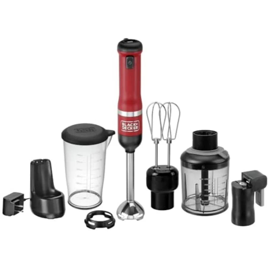 Frullatore a Immersione Senza Fili 4 in 1 con Base di Ricarica, Rosso