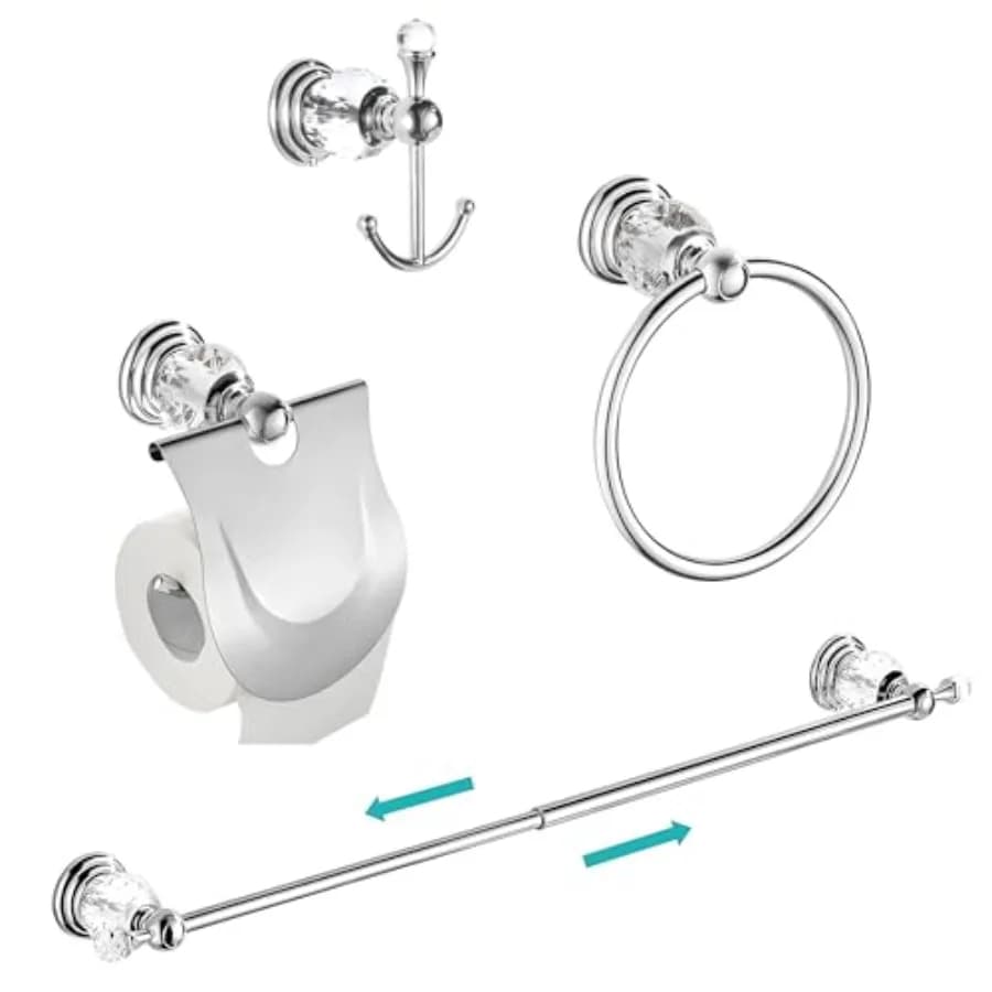 Crystal Bathroom Hardware 24 Inch Silver 4 Pcs Accessories Wall Mounted Coat Hook Hand Towel Ring Toilet Paper Holder