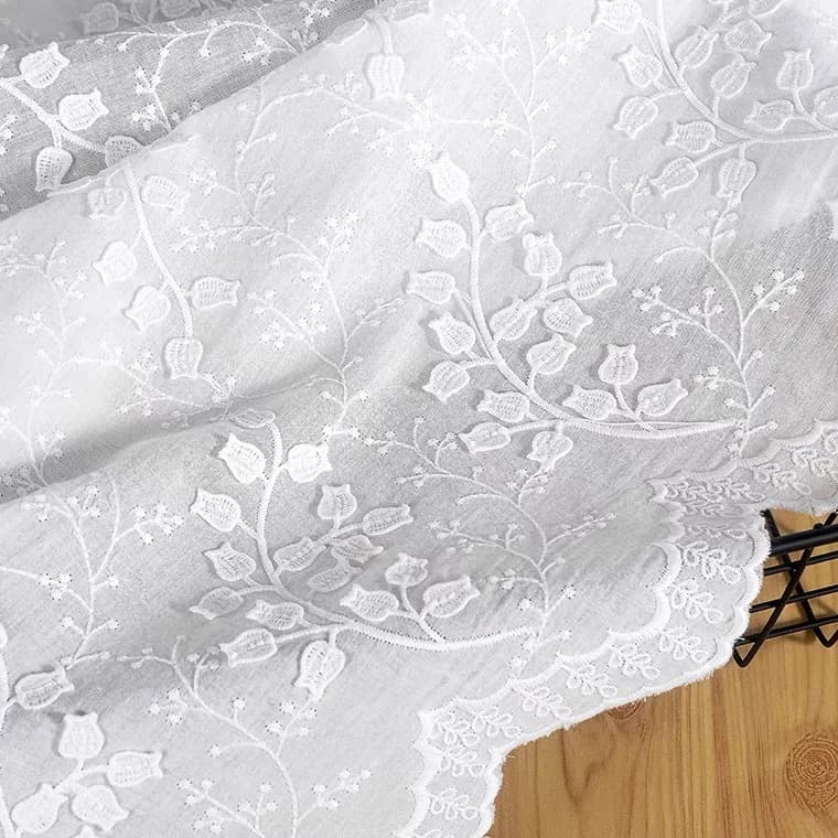 130x50cm 3d Embroidered White Wind Chime Cotton Fabric for DIY Projects, for Dressmaking and Home Decor Sewing Cloth
