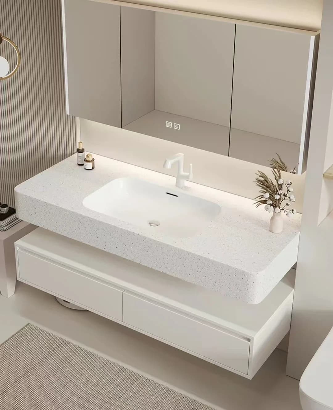 - Vanity da bagno singolo con lavabo in pietra integrato di fascia alta in stile hotel contemporaneo con specchio intelligente di grandi dimensioni
