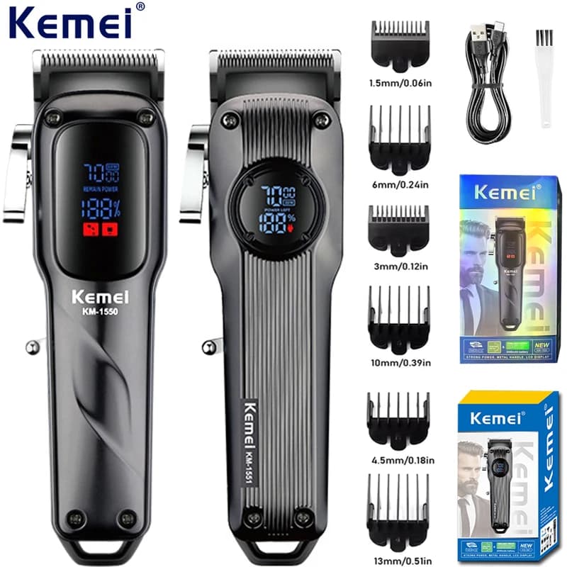 Tagliacapelli Kemei KM-1550 per Uomo con Display LCD, Silenzioso, Professionale, Senza Fili, Interfaccia USB, Macchina per Taglio Capelli