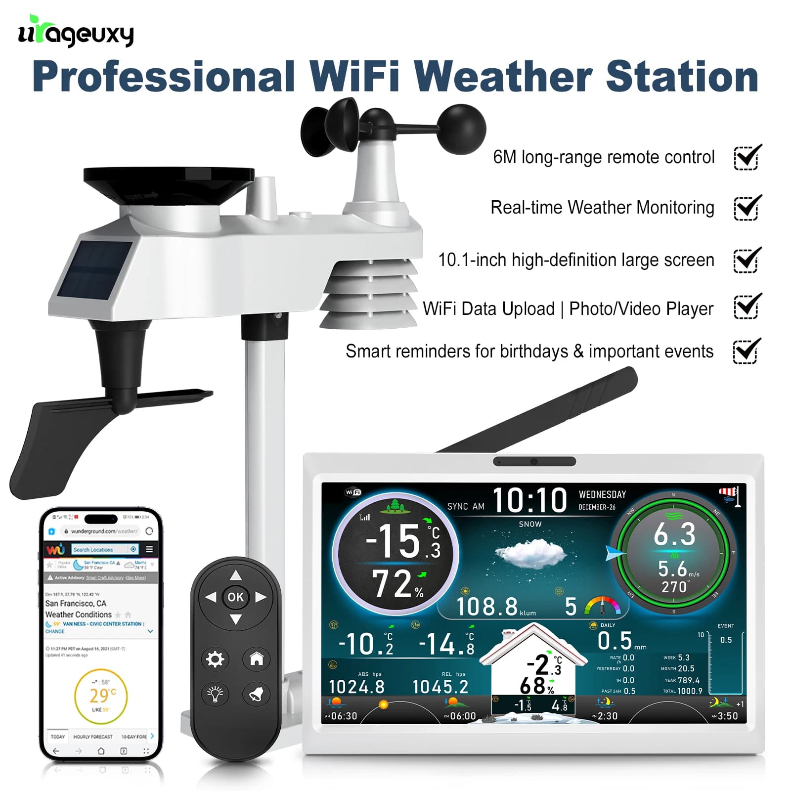 Wireless outdoor sensor for WiFi weather station with 10.1 inch HD TFT display with digital photo frame alarm with solar remote control