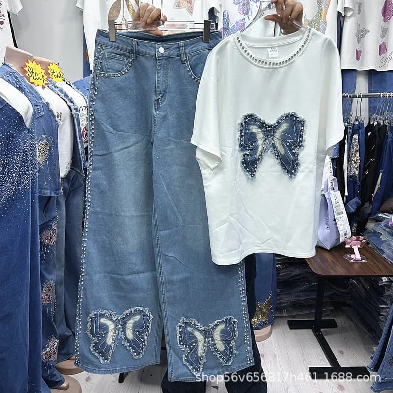 New Spring Summer Loose Women Two-piece Set Embroidery Butterfly White Short Sleeve T-shirt + Casual Wide Leg Straight Jeans
