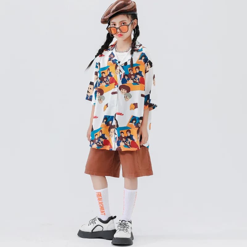Abbigliamento Hip Hop per bambini Camicia con stampa vintage Top Pantaloncini cargo multitasche estivi marroni per vestiti per costumi da ballo jazz per ragazze e ragazzi
