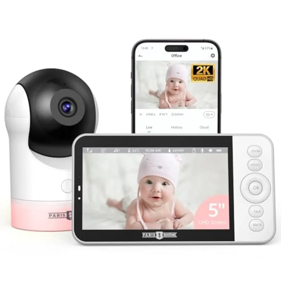 PARIS RHNE 2K UHD WiFi Baby Monitor con Visione Notturna, Telecamera Intelligente 5, Controllo tramite App, Rilevamento Movimento e Pianto, Tracciamento AI, Comunicazione a Tre Vie