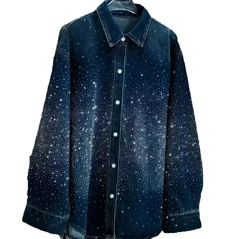 Foto Reale Tendenza Autunno 2026 Camicie Bluse in Denim Blu Vintage Oversize per Donna, Top Casual Larghi in Denim, Abbigliamento Femminile