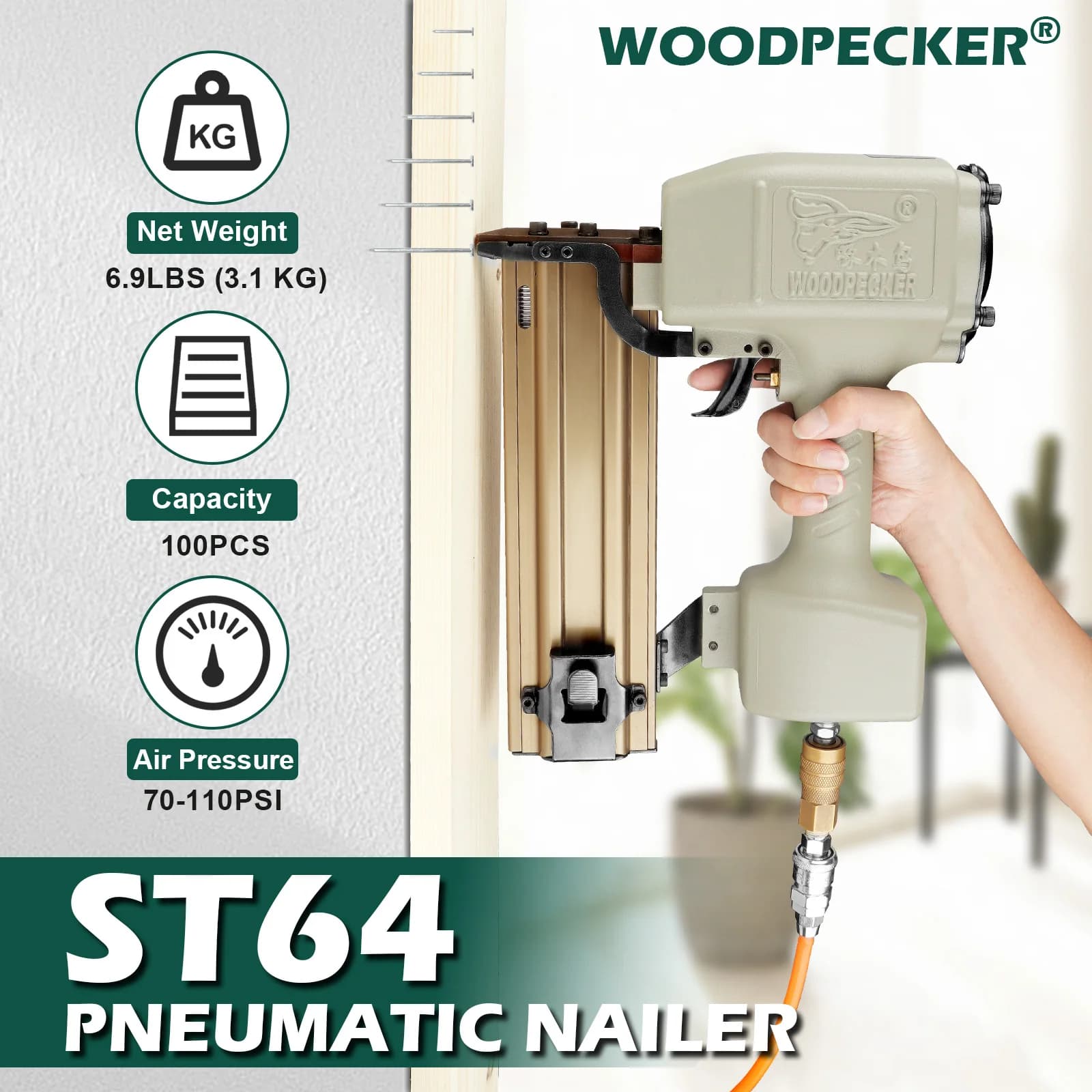 Chiodatrice pneumatica per calcestruzzo WOODPECKER ST64 calibro 14, chiodi a T per calcestruzzo da 5-38 mm, ideale per mobili, soffitti e calcestruzzo.