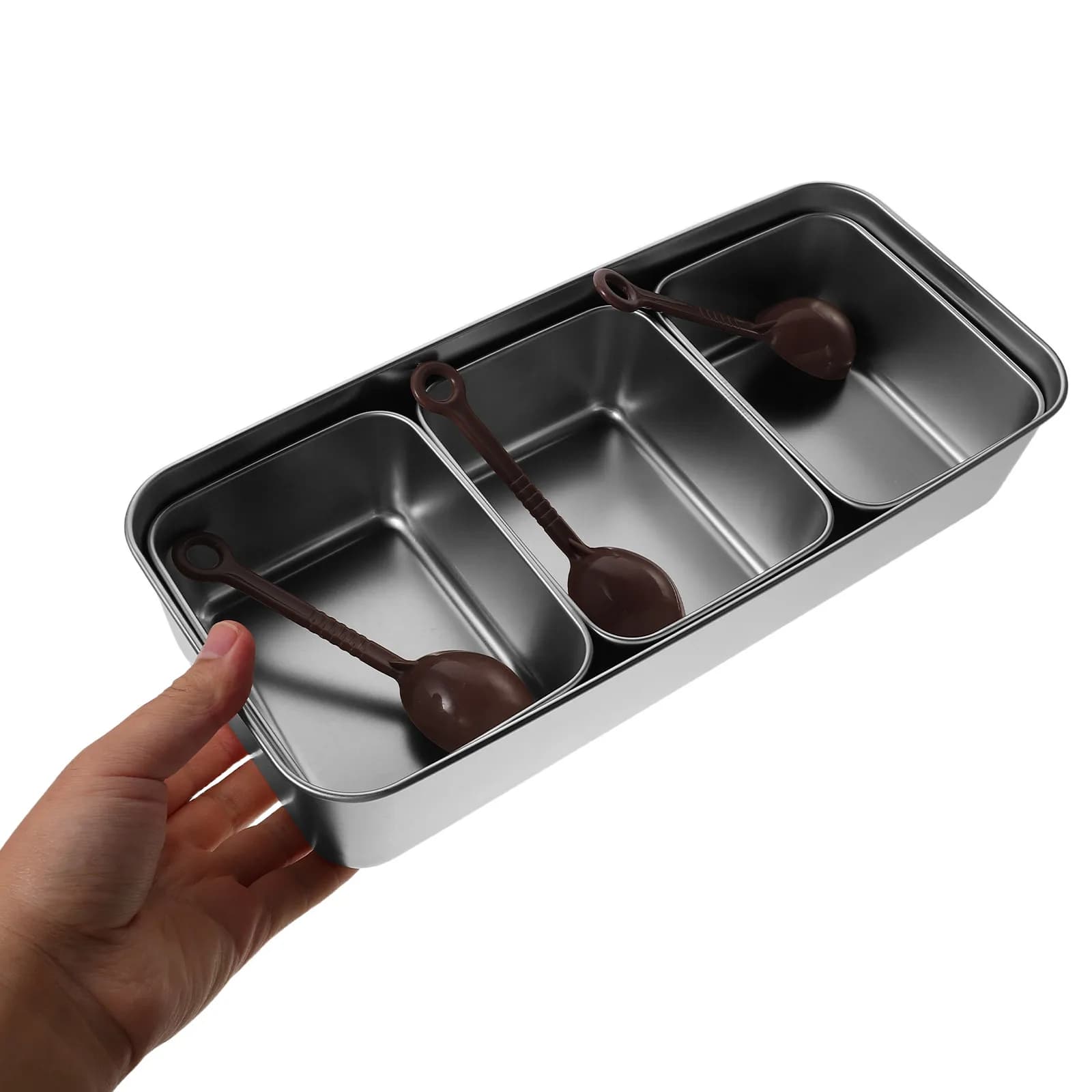 Set di Contenitori per Spezie in Acciaio Inox con 3 Scomparti, Coperchio e Cucchiaio, Organizzatore per Condimenti da Cucina