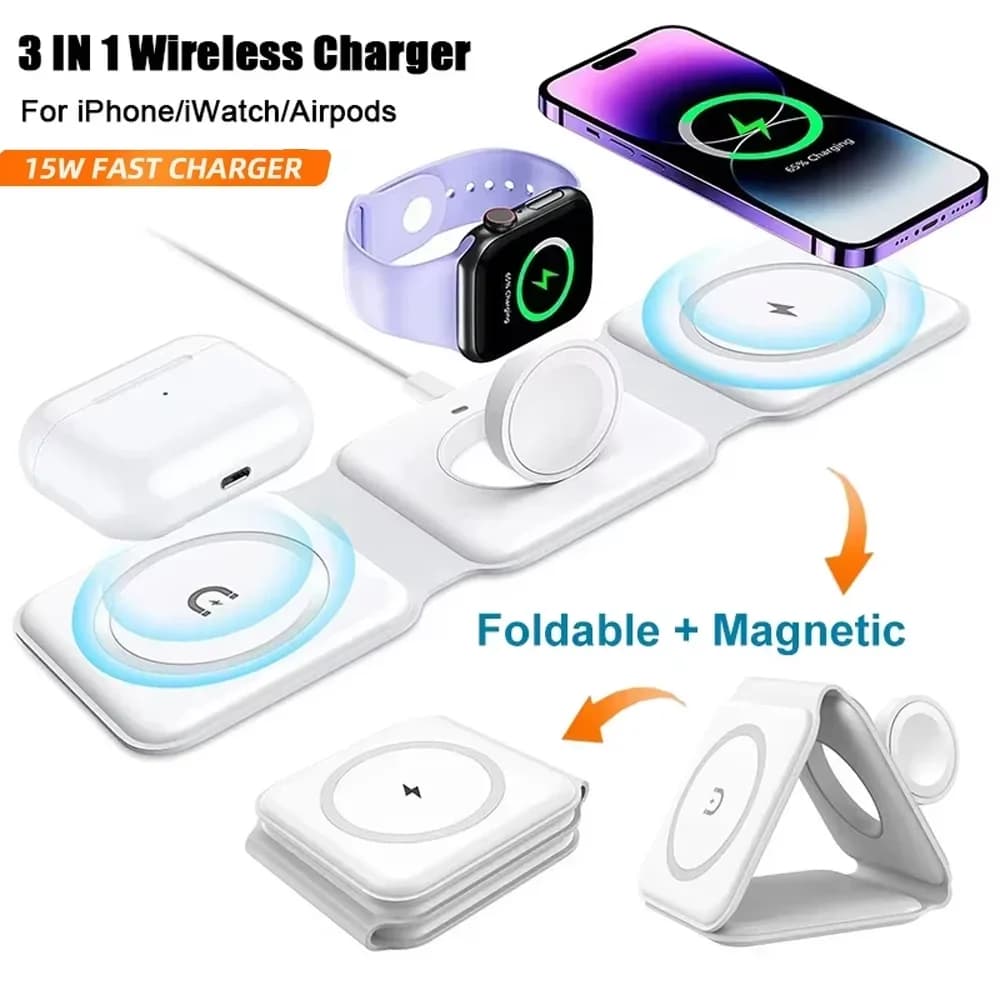 Supporto per caricabatterie wireless pieghevole piccolo 3 in 1 per iPhone 15 14 13 12 Pro Max Supporto per Apple Watch 8 7 Stazione di ricarica rapida magnetica