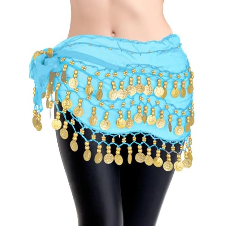 Belly Dance Hip Scarf Chiffon Skirt Wrap Professional Hip Scarf Skirt Costume with Coins for Yoga Belly Dancing
