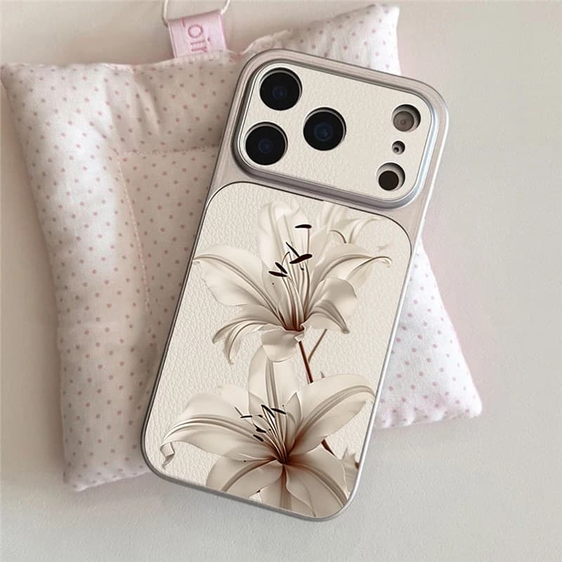 Vintage Floral Lily Phone Case For iPhone 17 16 Pro Max 15 Plus 14 13 12 Pro Max 11 16E Luxury Silver Frame Anti-Drop Soft Cover