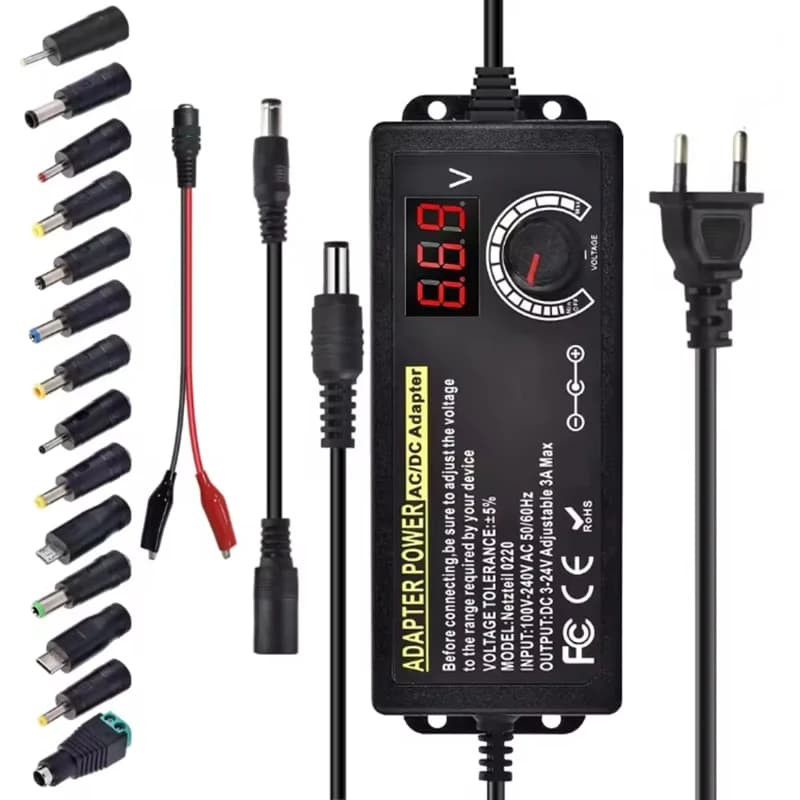 Alimentatore Regolabile Variabile AC-DC per Laboratorio 3V-24V-3A con Spina US/EU Femmina e Clip a Coccodrillo per Elettrodomestici