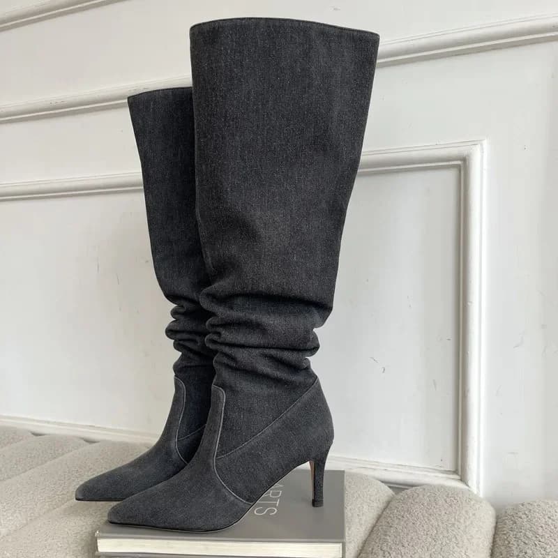 Denim Blue High Heels Long Boots for Women 2025 Autumn Pleats Pointed Toe Cowboy Boots Woman Thin Heeled Knee High Boot Shoes