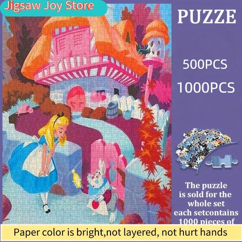 Puzzle 500 pezzi Disney, puzzle di carta fai da te, a tema Ailimei Wonderland, con Coniglio Bianco e Casa dei Funghi, cartoncino bianco spesso
