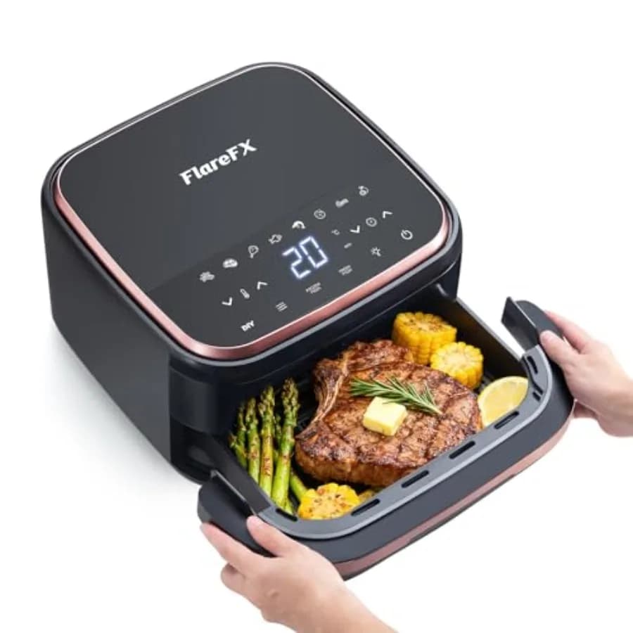 Forno per Pizza con Friggitrice ad Aria da 4,5QT, 11 Programmi Preimpostati, Friggitrice ad Aria con Doppio Riscaldamento e Rotazione a 360° ° Display touch con finestra per la visualizzazione del flusso d'aria, antiaderente