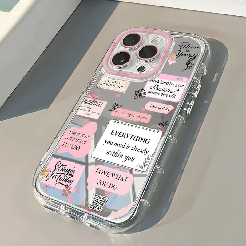 Cover per iPhone con Frasi Motivazionali e Confortanti per iPhone 16 17 15 14 13 12 11 Pro Max 16E XR X XS 7 8 Plus, Elegante Cover a Specchio