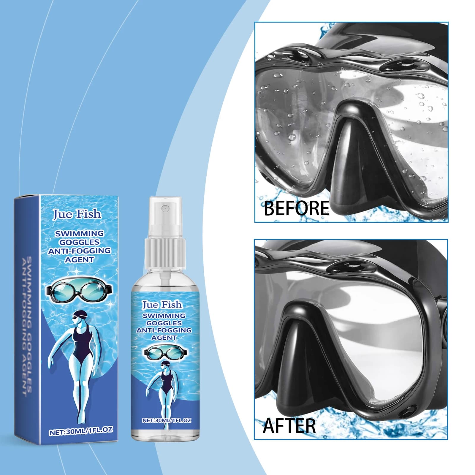 Jue-Fish anti-fog spray glasses, anti-fog for glasses, glasses, sunglasses, swim glasses, detergent and anti-fog