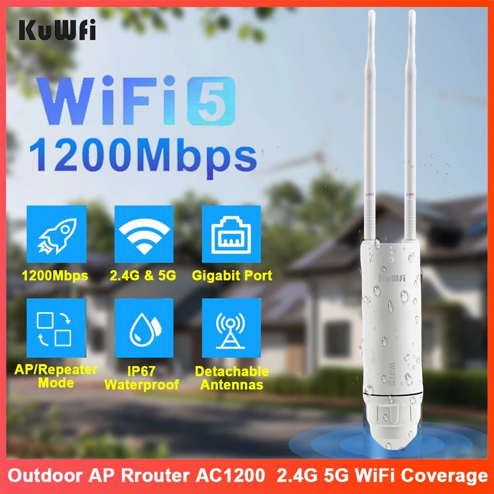 Router AP KuWFi AC1200 2.4G 5G WiFi con Copertura del Segnale, Porta Gigabit, Antenna Staccabile, Modalità Ripetitore AP, Impermeabile IP67 per Esterni