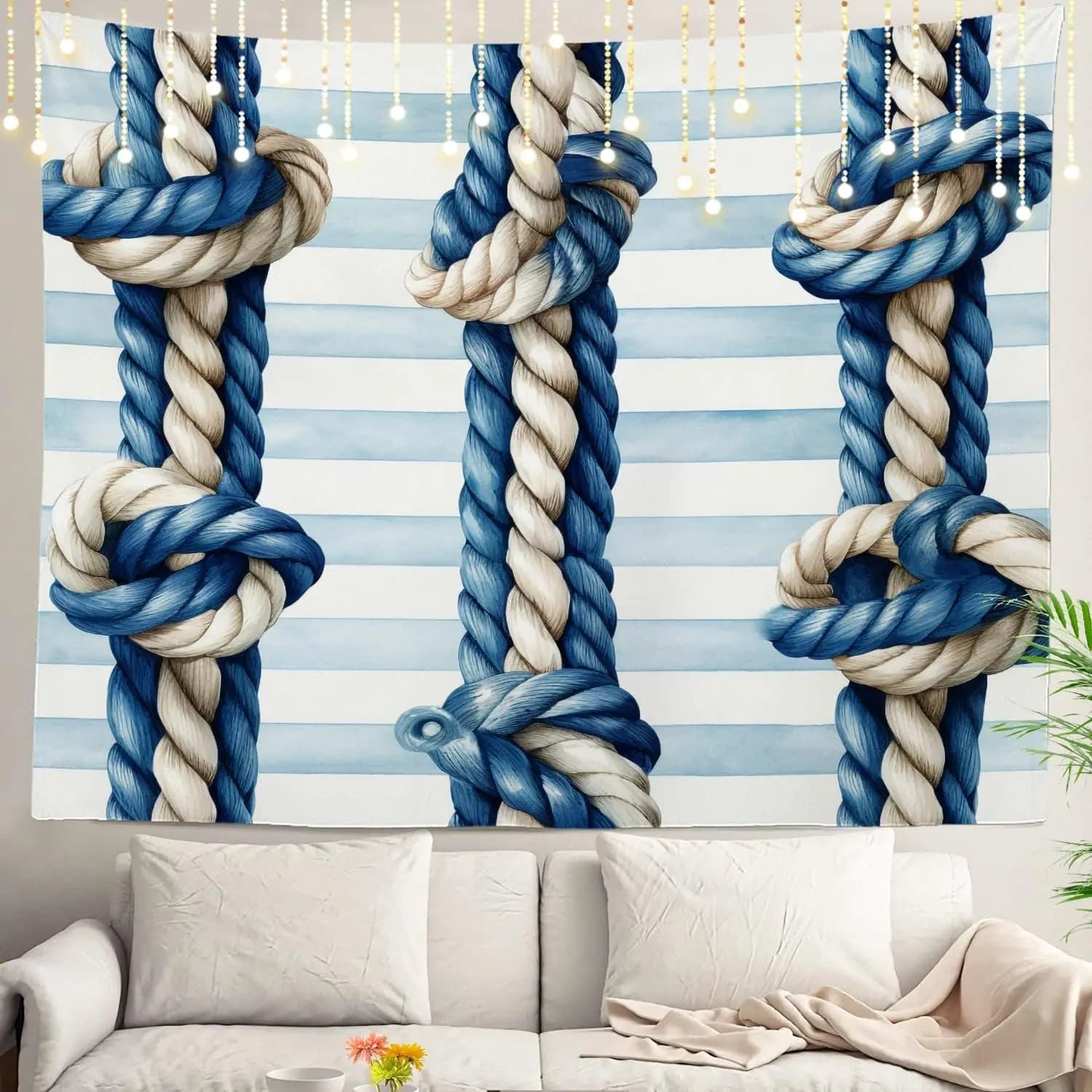 Coastal Nautical Rope Knot Tapestry Wall Hanging Boho Decor Blue Striped Ocean Marine Room Decor Art Canvas