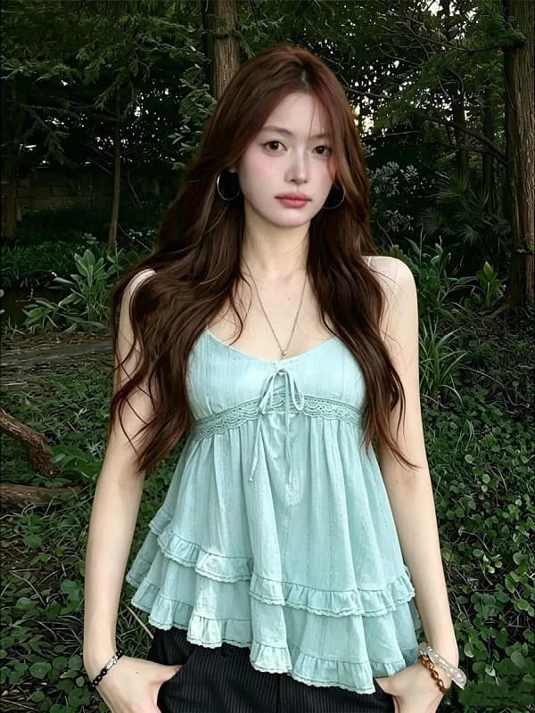 plus Size Women's Korean Style Vacation Vibes Strap Vest Summer New Beautiful V-neck Belted Lace Trim Sleeveless Top