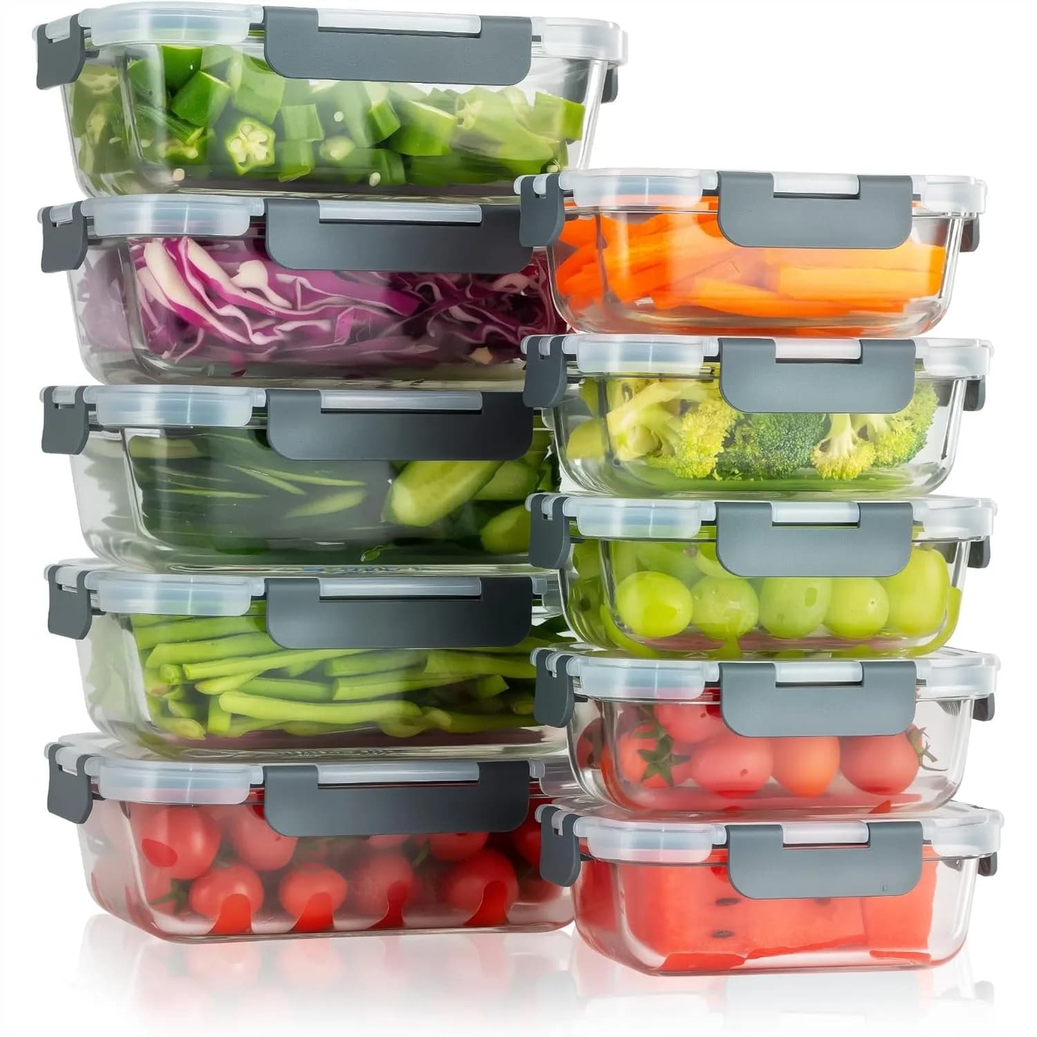 Set di 10 Contenitori in Vetro per Preparazione Pasti con Coperchi a Chiusura Ermetica, Conservazione Alimenti, Adatti per Microonde, Forno, Congelatore e Lavastoviglie, Grigio