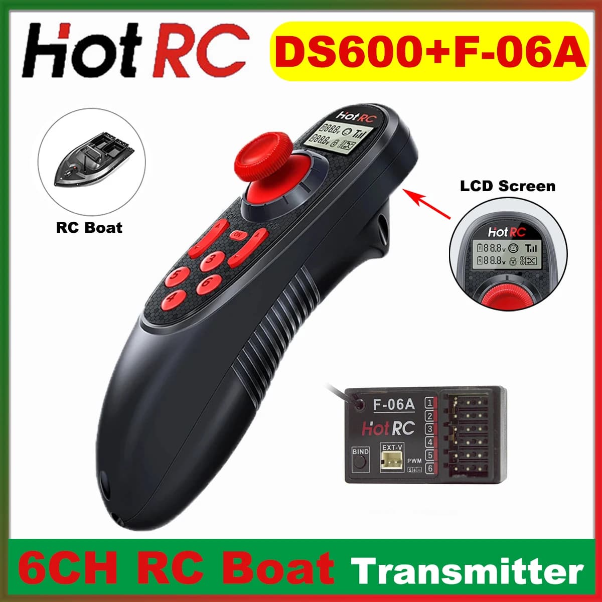 HOTRC 6CH 2.4GHz Sistema Radio Trasmettitore Schermo LCD Telecomando F-06A 6 Canali PWM Ricevitore per RC Barca Nave Modello FAI DA TE