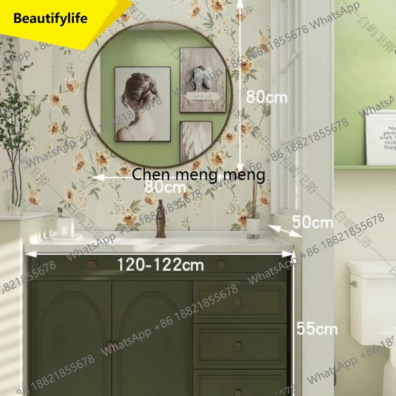 Mobile da Bagno A17 Verde Naturale con Ripiani e Cassetti in Legno, Stile Vintage, Specchio per Trucco, Mobili per Bagno