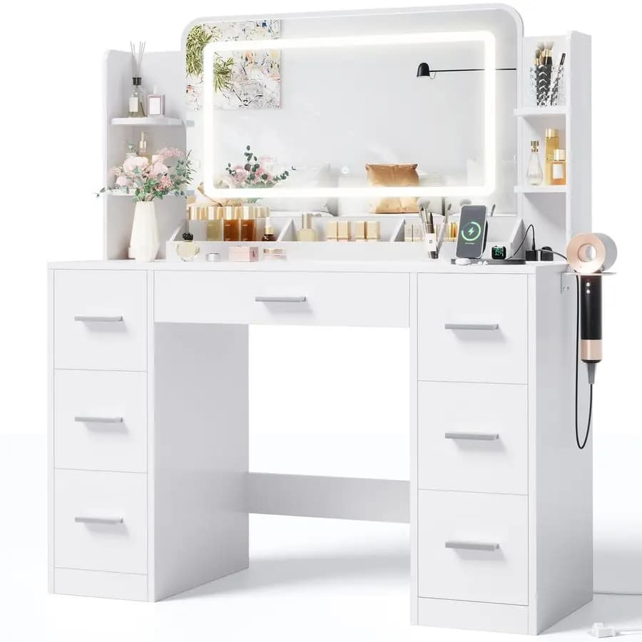 Toeletta da Trucco con Grande Specchio e Luci LED, con Presa Multipla e Porta Asciugacapelli, 6 Ripiani Aperti e 7 Cassetti