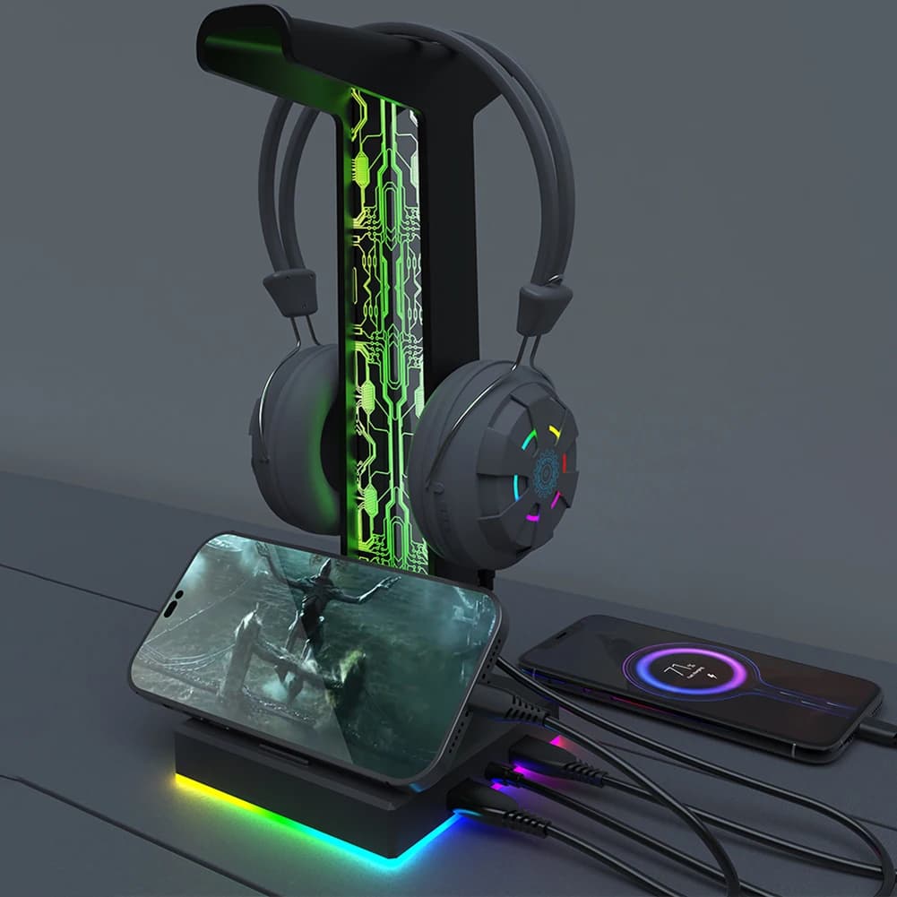 Staffa per cuffie RGB Espositore per cuffie salvaspazio Organizzatore da tavolo Supporto per cuffie montato sulla testa per forniture da tavolo
