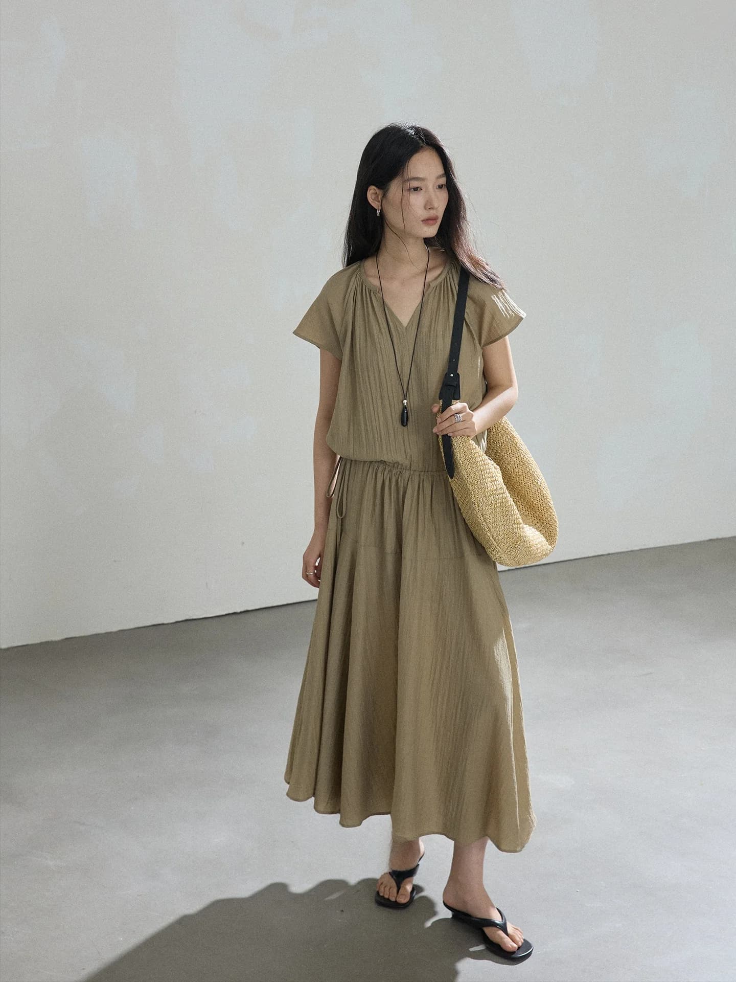 Larsele Mixed Fiber V-Neck Loose Waist Belted Lazy Feelings Fake Two-Piece Dress Summer Casual H-Style Short Sleeve Dress