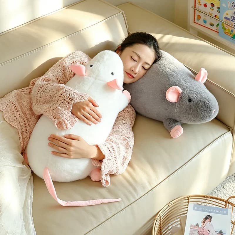 Gray Rat Plush Pillow And White Mouse Plush Toy Pink Inner Ears Pink Beak Soft Fluffy Fabric Cute Set Accessory Special