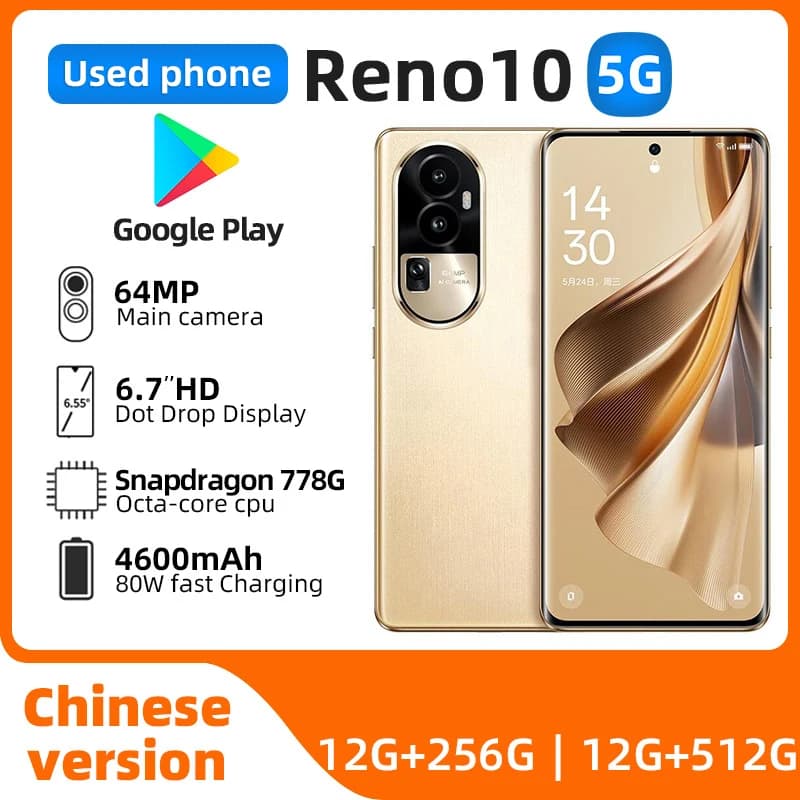 OPPO Reno 10 5G 6.7 pollici OLED Snapdragon778G Telefono cellulare 80W SuperVOOC 4600Mah Batteria NFC 64MP Fotocamera telefono usato
