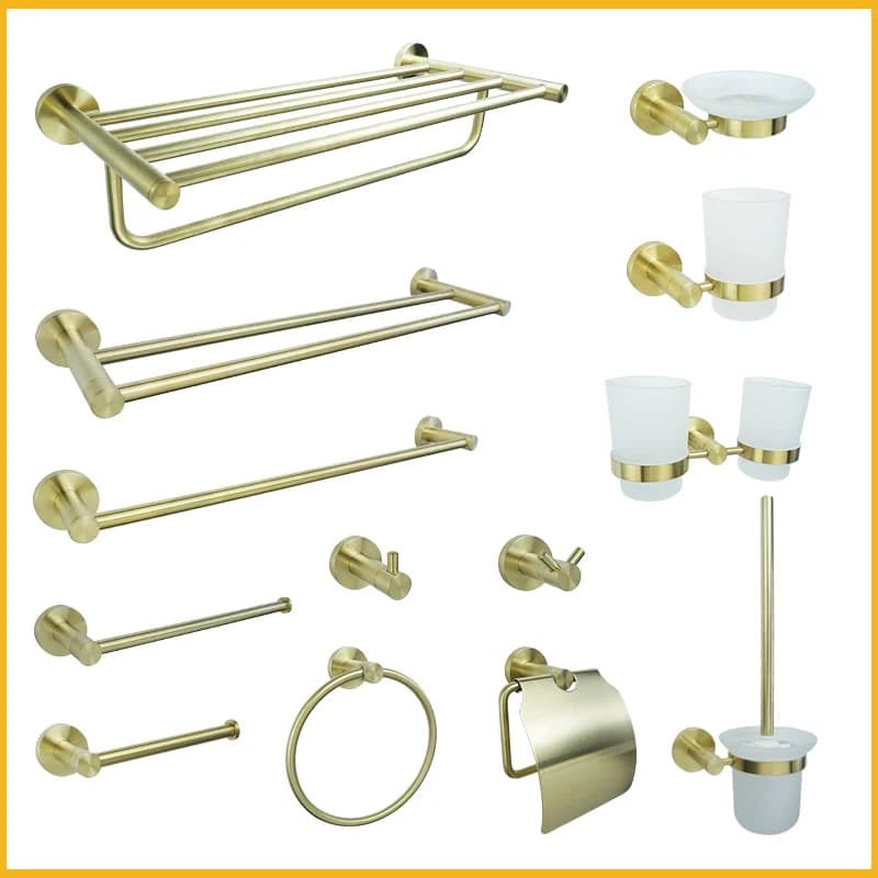 Portasciugamani da Parete in Acciaio Inox Spazzolato Oro, Porta Carta Igienica, Gancio per Accappatoio, Portabicchieri, Portascopino WC, Accessori per Bagno
