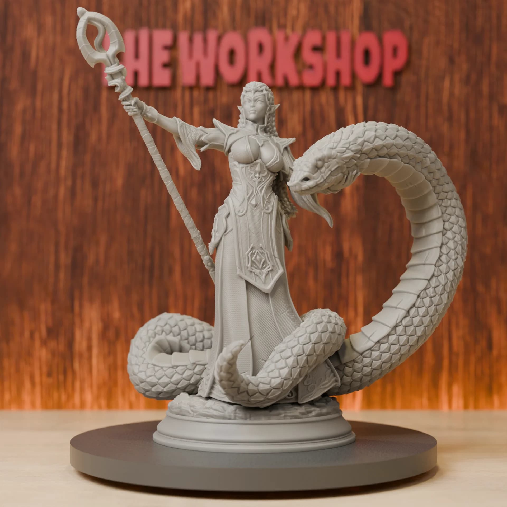 Elf Snake Sorceress Miniatures | 28mm-75mm | Resin 3D Printed DND Pathfinder Mini | Unpainted Grey