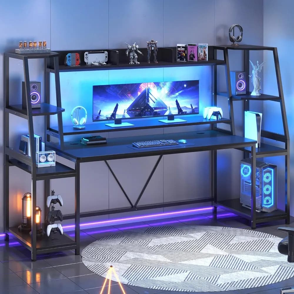 Gaming Desk 78.8'' with LED Lights, Hutch and Storage Shelves, Computer Desk with Monitor Stand, Large PC Gamer, Customized