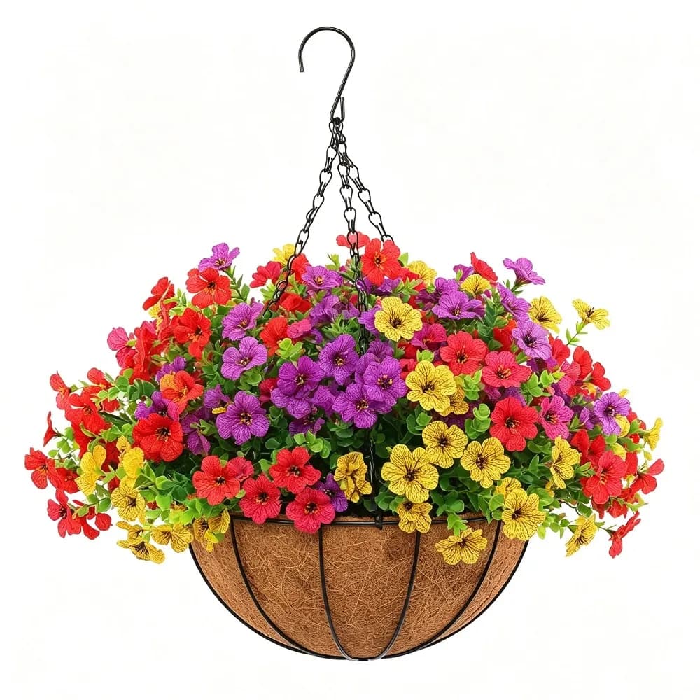 12 Inch D X 18.8 Inch H Hanging Basket With 12 Pcs Artificial Faux Flowers Fake Plants Spring Summer Indoor Outdoor Decor For Front Porch Balcony Yard Garden Patio Home