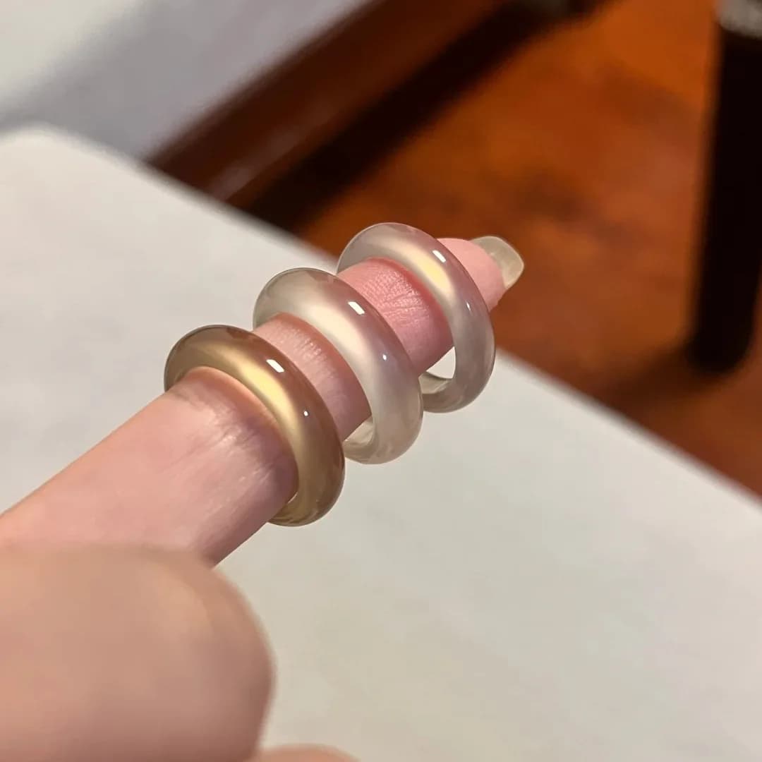 Translucent Chalcedony Stack Ring Set, Thin Band Natural Agate Plain Ring, Ice Clear Jadeite Minimalist Stackable Ring, Neutral Tone Smooth Gemstone Band