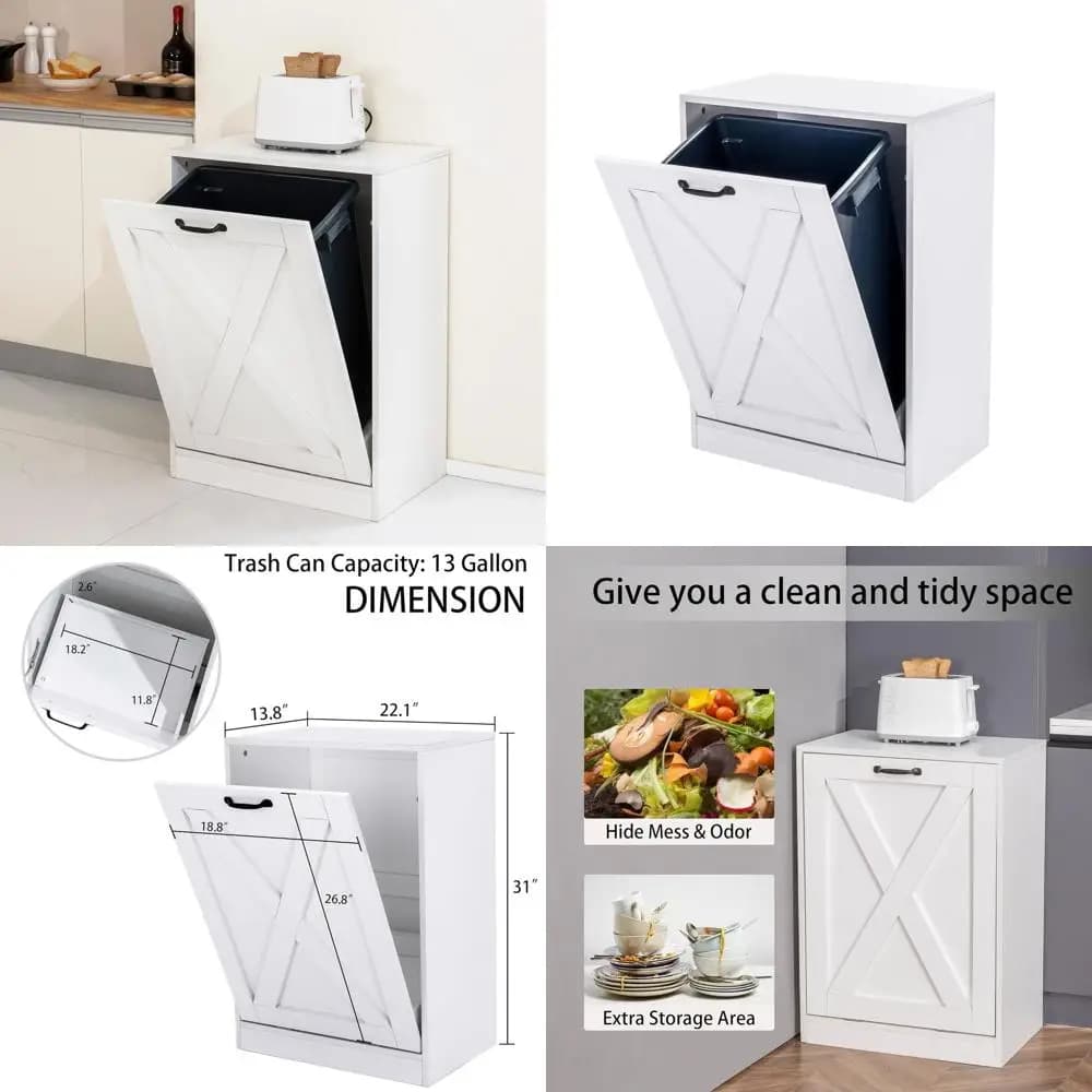 Mobiletto da cucina in legno con contenitore per rifiuti e riciclo a scomparsa, bianco