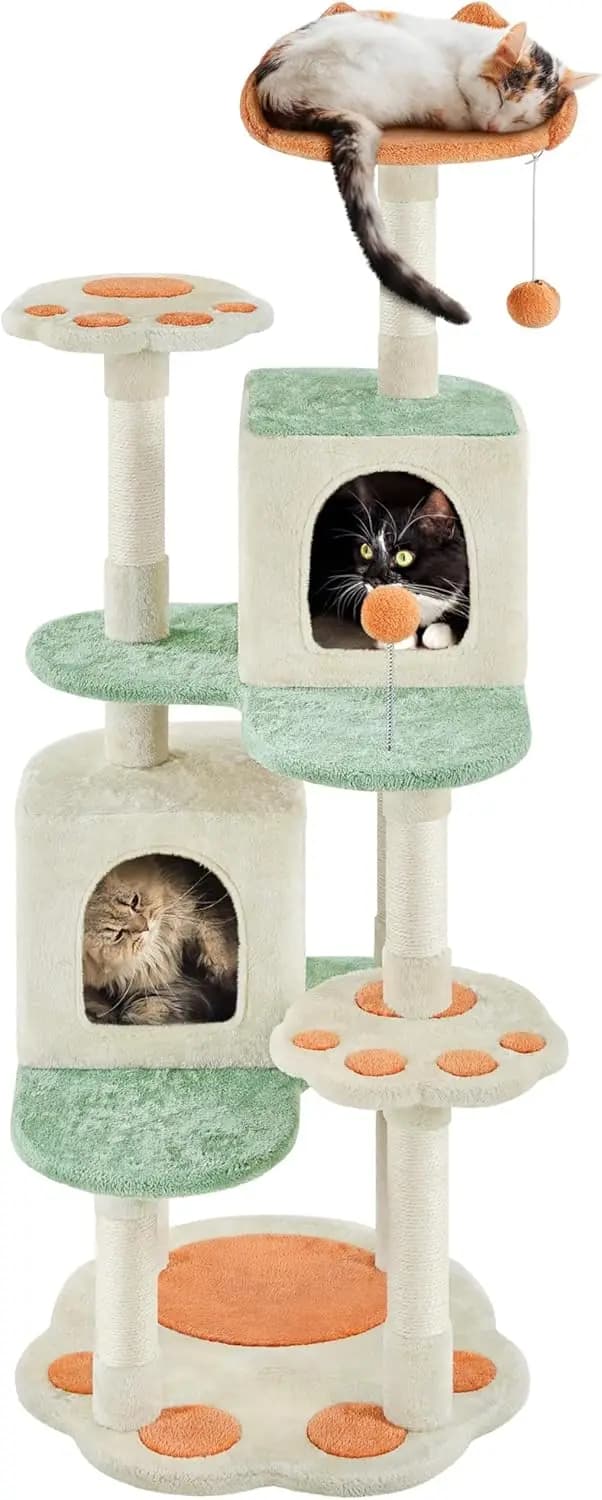 Torre per Gatti Multifunzionale da 146 cm con Tiragraffi, Cucce e Palline Pendenti per Gatti da Interno