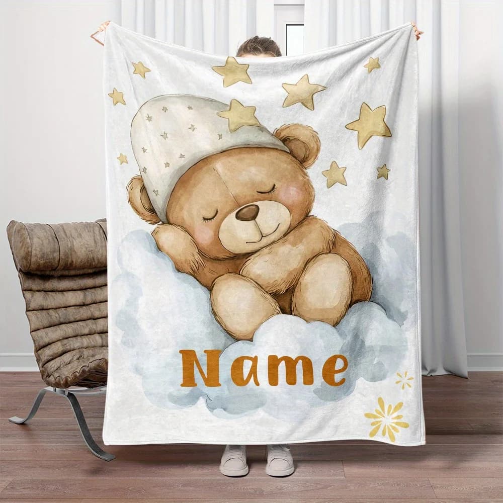 1 Cute Teddy Bear Personalized Customized Name Portable Blanket Lightweight Flannel Blanket, Suitable for Sofa Bed